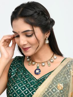 Voylla - Hasli Statement Blue and White Kundan-Studded Golden Necklace Set