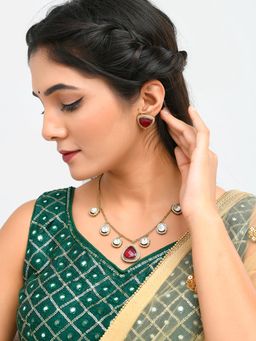 Voylla - Hasli Regal Radiance Red Kundan Embellished Golden Necklace Set