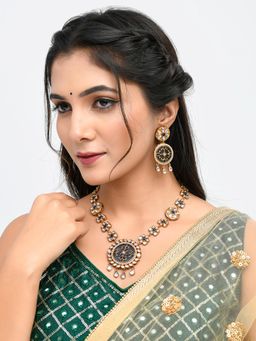 Voylla - Hasli Elegant Long Blue Floral Kundan Studded Golden Necklace Set