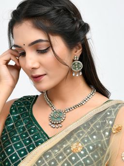 Voylla - Hasli Teardrop Elegance Green Gold Kundan Necklace Set