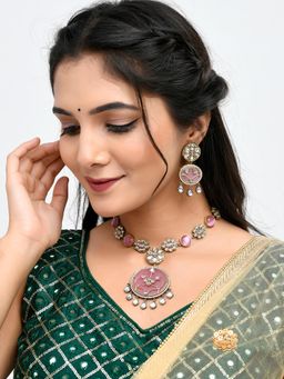Voylla - Hasli Gleaming Pink Kundan Studded Gold Necklace Set