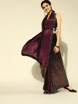 Tikhi Imli - Burgundy and Black Half Crepe Sequins Embellished Saree with Unstitched Blouse