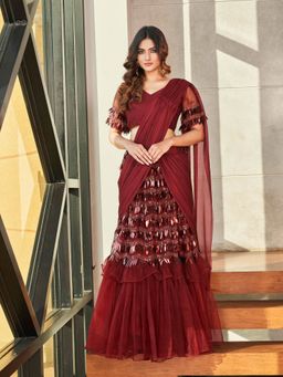 Tikhi Imli - Ready to Wear Maroon Crepe and Net Sequins Embellished Saree with Unstitched Blouse