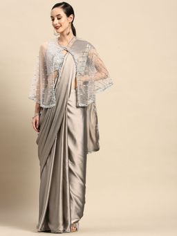 Tikhi Imli - Sequinned Jacket Grey Satin Saree with Unstitched Blouse