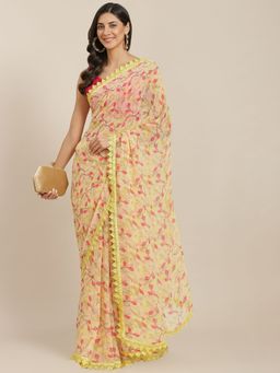 Tikhi Imli - Yellow Floral Printed Crochet Lace Georgette Saree with Unstitched Blouse