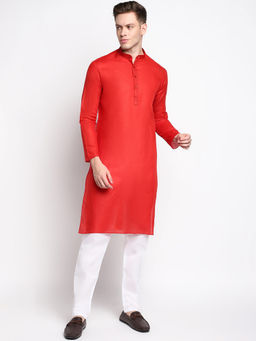 Devoiler - Men Plain Red Cotton Kurta