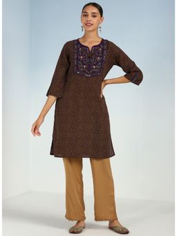 Lakshita - Purple Round Neck Straight Fit Kurti Embroidered