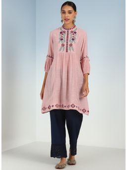 Lakshita - Solid Pink Tunic with Stylish Gathered Sleeve
