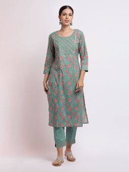 Jaipur Kurti - Floral Printed Pure Cotton Kurta with Pant (Set of 2)