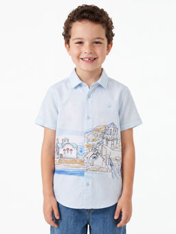 United Colors of Benetton - Blue Regular Fit Spread Collar Graphic Print Shirt