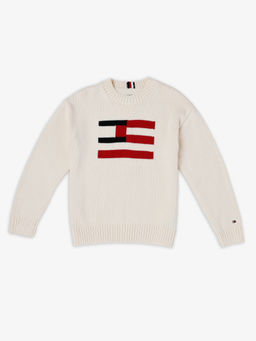 Tommy Hilfiger - Off White Logo Relaxed Fit Cotton Sweater