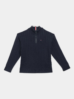 Tommy Hilfiger - Navy Blue Self Design Regular Fit Cotton Sweater