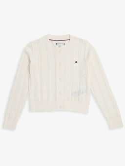 Tommy Hilfiger - Off White Relaxed Fit Cotton Round Neck Cardigan
