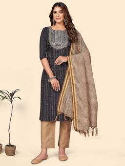 Vbuyz - Women's Embroidered Straight Cotton Black Stitched Kurta Pant and Dupatta (Set of 3)