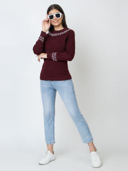 Kvetoo - Wine Embroidered Round Neck Woolen Sweater for Women