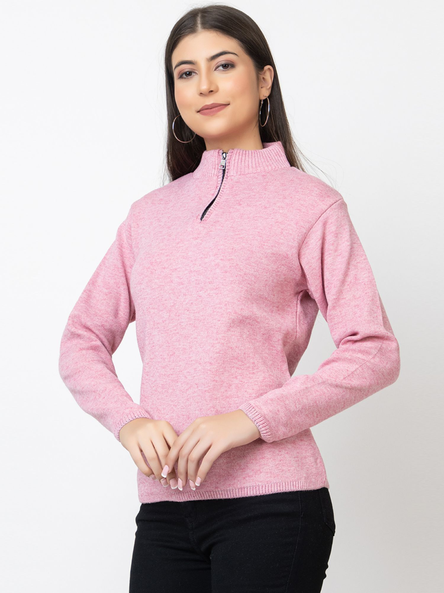 Buy Kvetoo Pink Zipper High Neck Woolen Sweater for Women Online