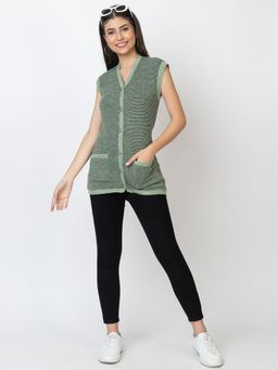 Kvetoo - Green V-Neck Sleeveless Cardigan for Women
