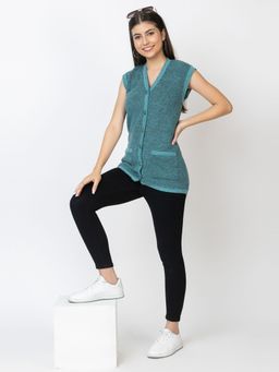 Kvetoo - Blue V-Neck Sleeveless Cardigan for Women