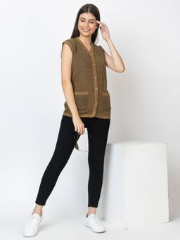 Kvetoo - Brown V-Neck Sleeveless Cardigan for Women