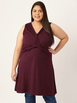 theRebelinme - Plus Size Women Purple Solid Color Front Gathered Longline Top