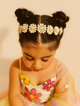 Choko - Kids Floral Beaded Hairband with Pearls-Off White