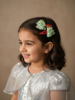 Choko - Pair of Xmas Tree Hair Clips in Green & Santa Red, Christmas Kids Hair Accessory for Girls