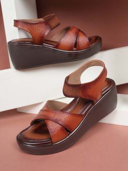 Dollphin - Women Tan Leather Wedge Heel Sandals