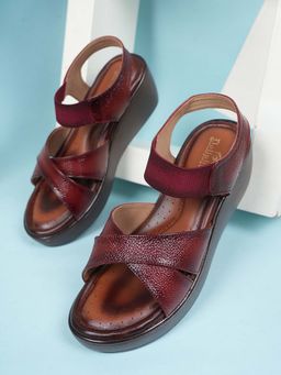 Dollphin - Women Maroon Leather Wedge Heel Sandals