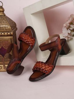 Dollphin - Women Tan Leather Block Sandal Heels