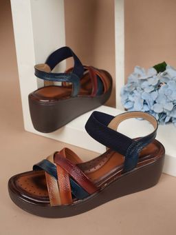 Dollphin - Women Navy Blue Leather Block Sandal Heels