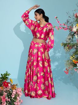 Gajra Gang - Tea-Time Pink Printed Crop Top and Skirt GGLEH54 (Set of 2)