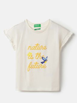 United Colors of Benetton - Girls Off White Pure Cotton Printed T-shirt