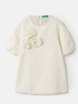 United Colors of Benetton - Girls White Cotton Self Design Dress