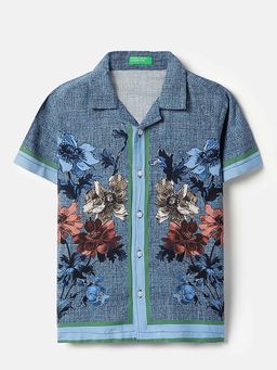 United Colors of Benetton - Boys Navy Blue Viscose Floral Shirt