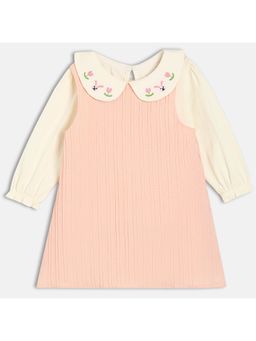 MINI KLUB - Girls Peach Cotton Full Sleeves Textured Top and Dungaree