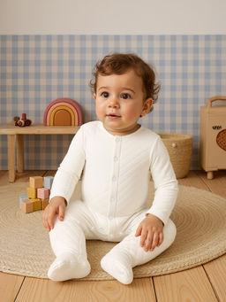 MINI KLUB - Boys Cotton Full Sleeves Solid Sleepsuit - White