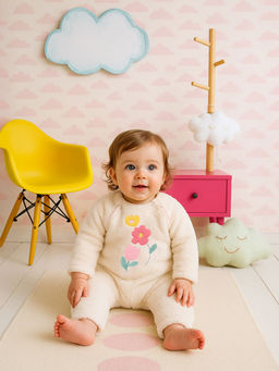 MINI KLUB - Girls Cotton Full Sleeves Floral Embroidered Romper - Pink