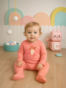 MINI KLUB - Girls Cotton Full Sleeves Text Embroidered Sleepsuit - Peach