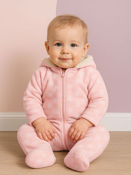 MINI KLUB - Girls Pink Cotton Floral Printed Hooded Sleepsuit