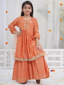 Little Bansi - Girls Orange Floral Embroidery Kurta and Sharara with Dupatta