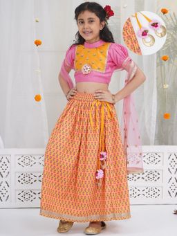 Little Bansi - Girls Yellow Floral Embroiderd Blouse With Lehenga Skirt and Dupatta