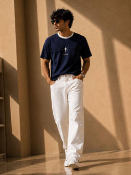 FLCN - Men Boxy T-shirt Cut and Sew Navy Blue White