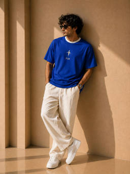 FLCN - Men Boxy T-shirt Cut and Sew Royal Blue White