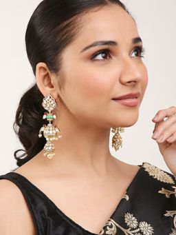 Khushi Jewels - Polki Kundan and Green Stones Earrings with Jhumkis