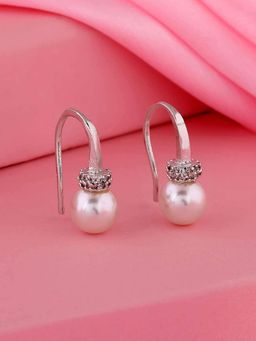 Estele - Rhodium Plated CZ Drop Shaped Earrings with Pearl for Women