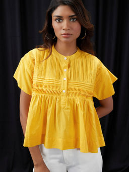 Globus - Women Yellow Mandarin Collar Gathered and Cap Sleeve Top