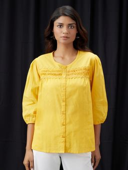 Globus - Women Yellow Round Neck Puff Sleeve Lace Insert Shirt Style Top