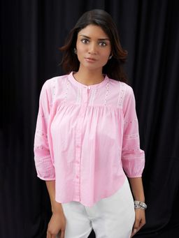 Globus - Women Pink Embroidered Mandarin Collar Gathered and Shirt Style Top