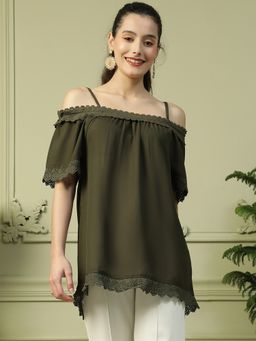 Oxolloxo - Women Green Cold Shoulder With Straps Lace Detailed Long Top