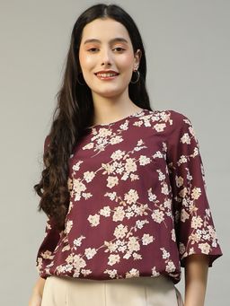 Oxolloxo - Women Maroon Floral Print Round Neck Bell Sleeve Casual Top